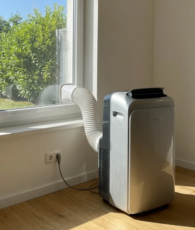 Climatiseur portatif raccordé à une fenêtre par un panneau d'acrylique sur mesure